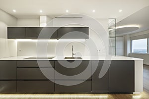 Front of a kitchen with dark gray furniture, oak parquet flooring,