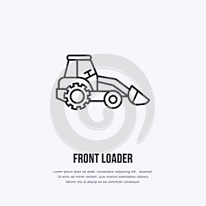 Front loader vector flat line icon. Transportation logo. Illustration of excavator, industrial equipment rent