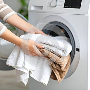 Woman taking clean clothes out of washing machine, closeup photo