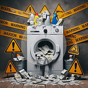 A front loading washing machine is filled with dollar bills. The scene is surrounded by yellow warning tape and caution signs.