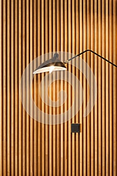 Front of modern wooden separator modern wall-mounted lamp on textured wood wall.