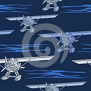 Front Oblique Pontoon Plane Vector Illustration Dark Background Seamless Pattern