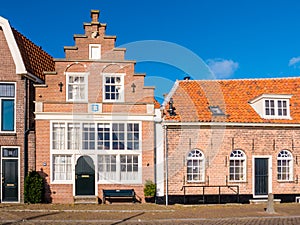 Front of old merchant`s house with stepped gable in downtown Enkhuizen, Noord-Holland, Netherlands