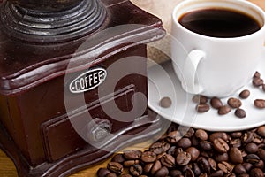 Front of the old wooden coffee grinder