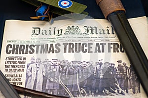 Doncaster, UK - 28th July 2019: Newspaper from Christmas WW1 showing the temporary truce. Daily Mail December 31 1914