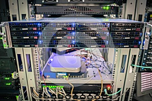 Front panel of central data server. Powerful computing equipment works in the server room. Rack with hosting servers of large web