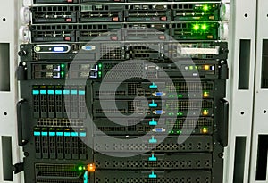 The front panel of computer servers that are in the server room