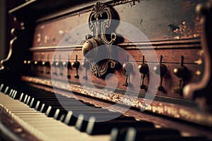 In front perspective, an old wooden piano key on a wooden musical instrument