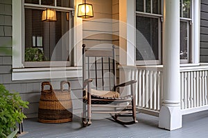 front porch of cape cod house, with rocking chair and lantern, providing a cozy and inviting space