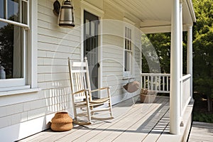 front porch of cape cod house, with rocking chair and lantern, providing a cozy and inviting space