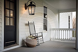 front porch of cape cod house, with rocking chair and lantern, providing a cozy and inviting space