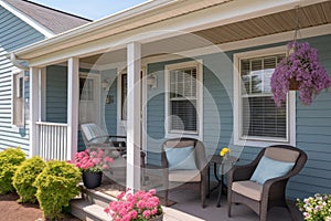 front porch of a cape cod house with a side gable roof