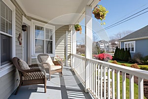 front porch of a cape cod house with a side gable roof