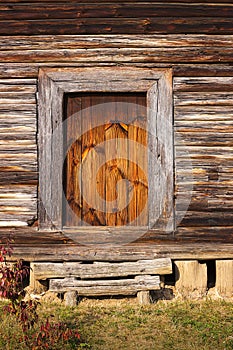 Front porch, door of old rustic log house or cabin