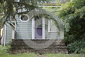 Front porch of a house with concrete stairs and bamboo trees on the side