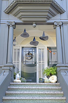Front porch of a house with holloween ornaments at the front in San Francisco, California