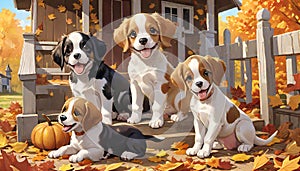 Front porch Puppy dog pet family autumn scene