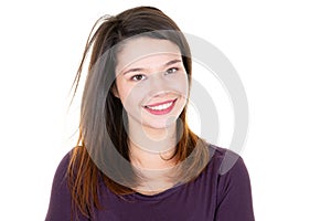 Front portrait of a funny young fashion woman laughing