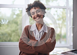 Front portrait of pretty young woman in office