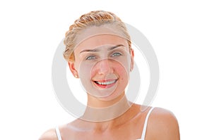 Front portrait of young pretty and beauty woman isolated white