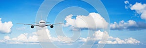 Front of real plane aircraft, isolated on big blue sky view background