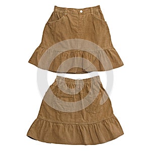 Front and rear brown corduroy skirt on white