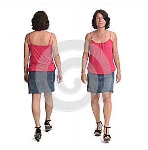 Front and rear view of same woman wolking on white background