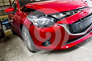 Front of red car get accident hit the damage until crash