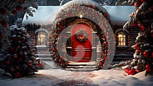 The front red door building is decorated with Christmas garland, Generative AI