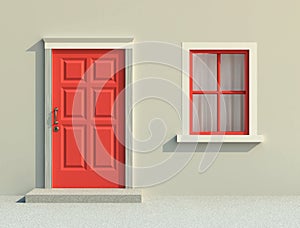 Front red door and window