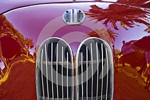 Front of a red vintage car, in Kibbutz Kfar Glikson, northwest Israel.