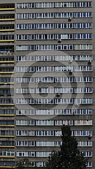 Front of residential building in Warsaw. Vertical patterns, lines