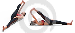 Front and Right Profile Poses of a Virtual Woman in Yoga Reclining Hand to big Toe Pose on white