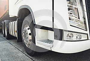 Front of Semi Trailer Truck the Parking. Truck Wheels Tires. Industry Cargo Freight Trucks Transport. Logistics.