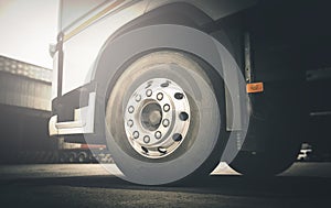 Front Semi Truck Wheels. A Big Truck Tyres. Road Freight Transport.