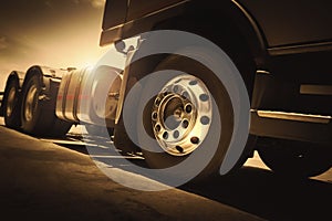 Front of Semi Truck Wheels Tires. Chrome Wheels. Rubber, Vechicle Tyres. Freight Trucks Cargo Transport Logistics photo