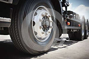 Front of Semi Truck Wheels Tires. Rubber, Vechicle Tyres. Freight Trucks Cargo Transport Logistics