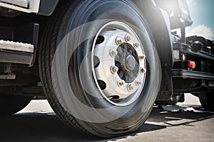 Front of Semi Truck Wheels Tires. Rubber, Vechicle Tyres. Freight Trucks Cargo Transport Logistics.