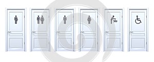 Front set of public toilet doors for man, woman, child, unisex, neutral gender, disabled people signs. 3D closed restroom entrance