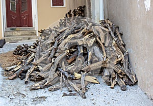 Front shot of raw wooden stack bear building