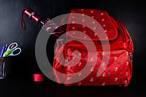 Front shot of a red school bag with an umbrella put in it and a pen stand in the left shot against blackboard -fun and school