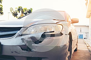 Front side of accident car. Car crash accident damaged automobiles after collision in city, insurance,