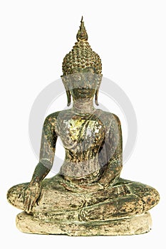 Front side of ancient Buddha metal statue isolated on white background
