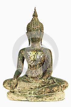 Front side of ancient Buddha metal statue isolated on white background photo