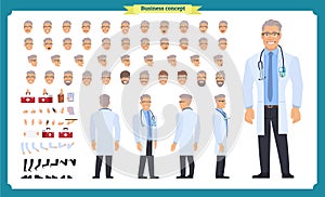 Front, side, back view animated character. Doctor character creation set with various views, face emotions, hairstyles, poses