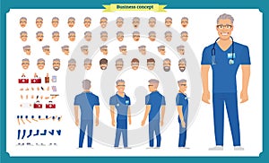 Front, side, back view animated character. Doctor character creation set with various views, face emotions, hairstyles, poses