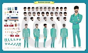 Front, side, back view animated character. Doctor character creation set with various views, face emotions, hairstyles, poses
