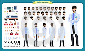 Front, side, back view animated character. Doctor character creation set with various views, face emotions, hairstyles, poses