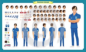 Front, side, back view animated character. Doctor character creation set with various views, face emotions, poses and gestures.