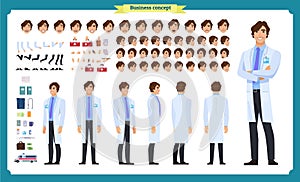 Front, side, back view animated character. Doctor character creation set with various views, face emotions, poses and gestures.